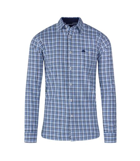 Mens gingham brushed cotton long-sleeved shirt sky blue Raging Bull