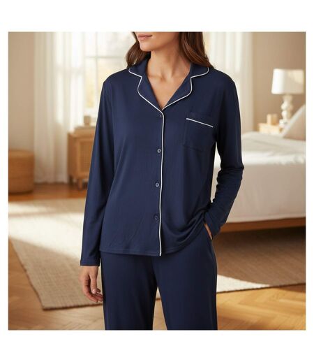 INFINITIF PARIS Ensemble Pyjama Long Femme Col Chemise Passepoil Blanc
