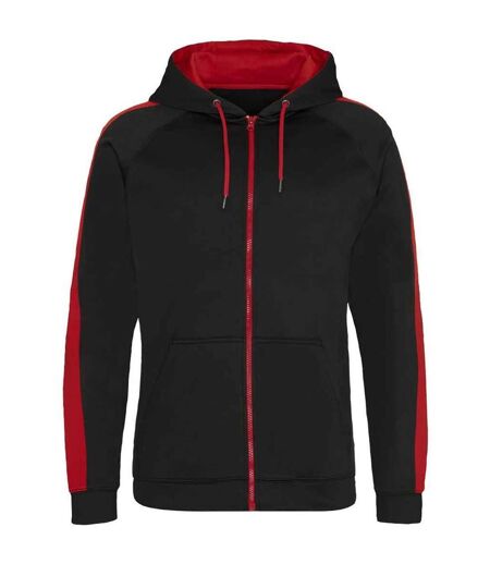 Mens polyester sport full zip hoodie jet black/fire red Awdis