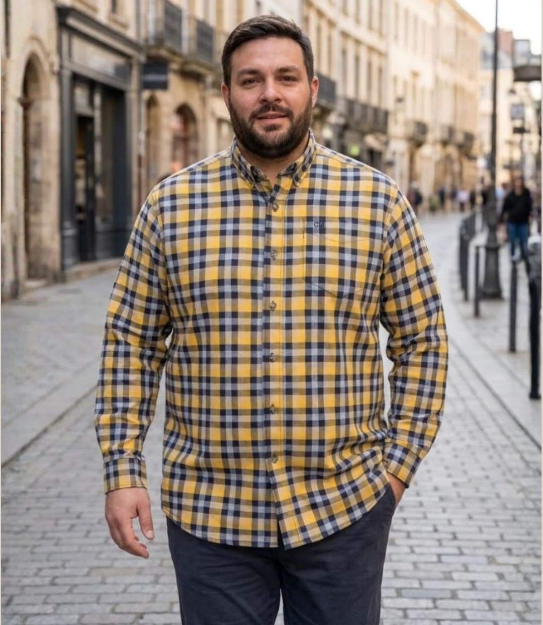 CHALLENGER CH2023 — Chemise à carreaux manches longues bleu et jaune : douceur en Coton gratté et coupe confort-5