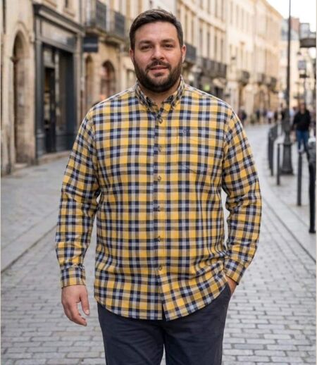 CHALLENGER CH2023 — Chemise à carreaux manches longues bleu et jaune : douceur en Coton gratté et coupe confort