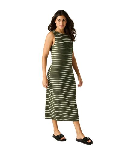 Robe Mi-longue Sans Manches Motif/style Rayures Contrastées Amorie Femme Kaki Foncé Beige Clair À Rayures Regatta