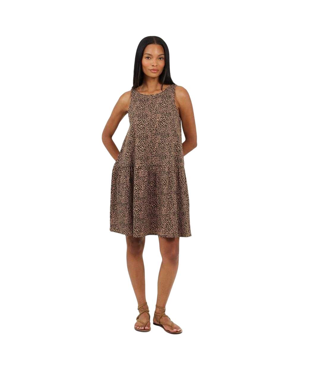 Womens/ladies Tiered V Neck Sleeveless Mini Dress Taupe Black Brave Soul-4