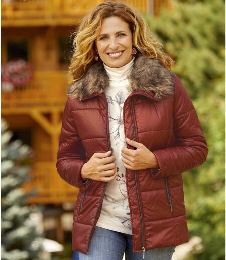 Women's Terracotta Padded Jacket with Faux Fur Collar