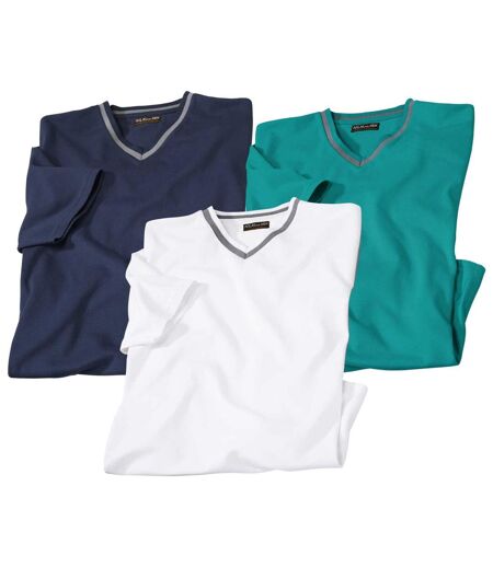 Pack of 3 Men's V-Neck Sea Side T-Shirts - White Navy Turquoise
