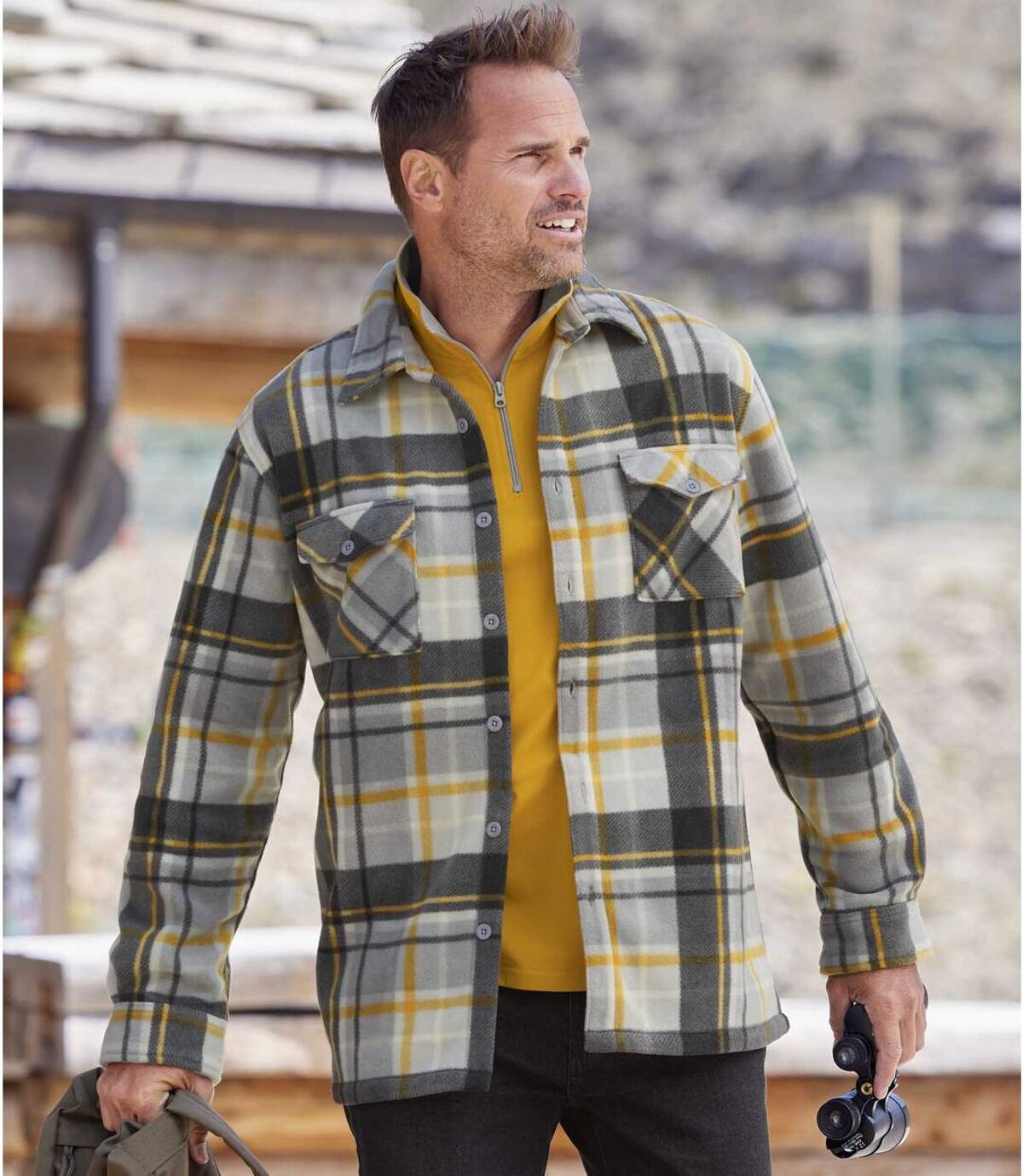 Men's Checked Fleece Overshirt - Grey Yellow Off-White  Atlas For Men