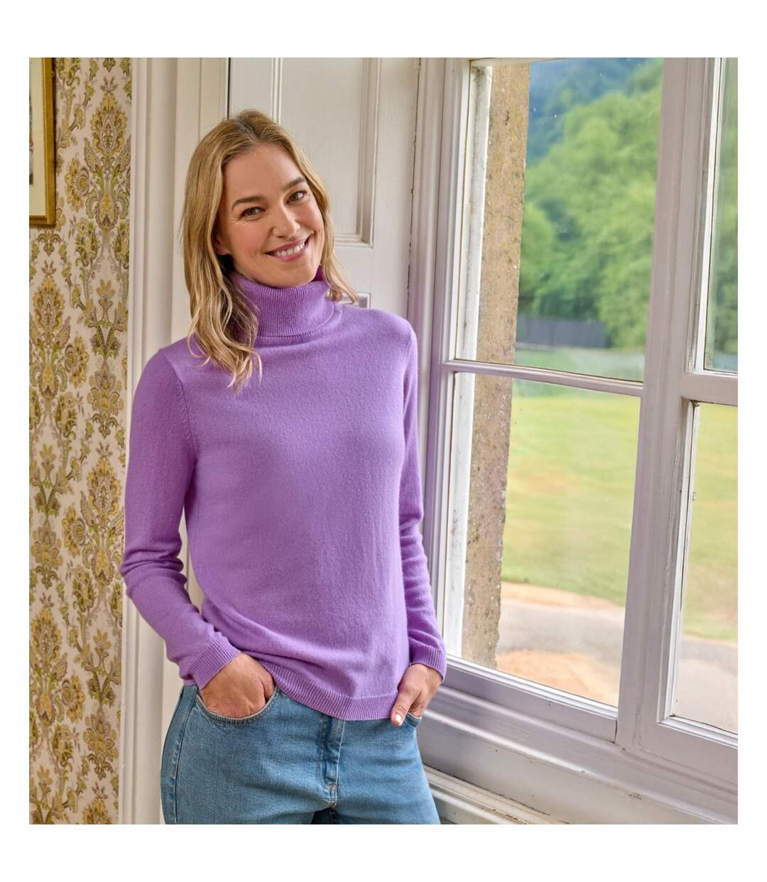 Womens/ladies Cashmere Polo Neck Fitted Jumper Allium Purple WoolOvers-1