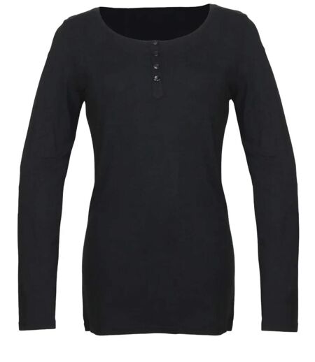 MAYFLOWER - Tee-shirt manches longues noir uni en viscose stretch avec col à 4 boutons