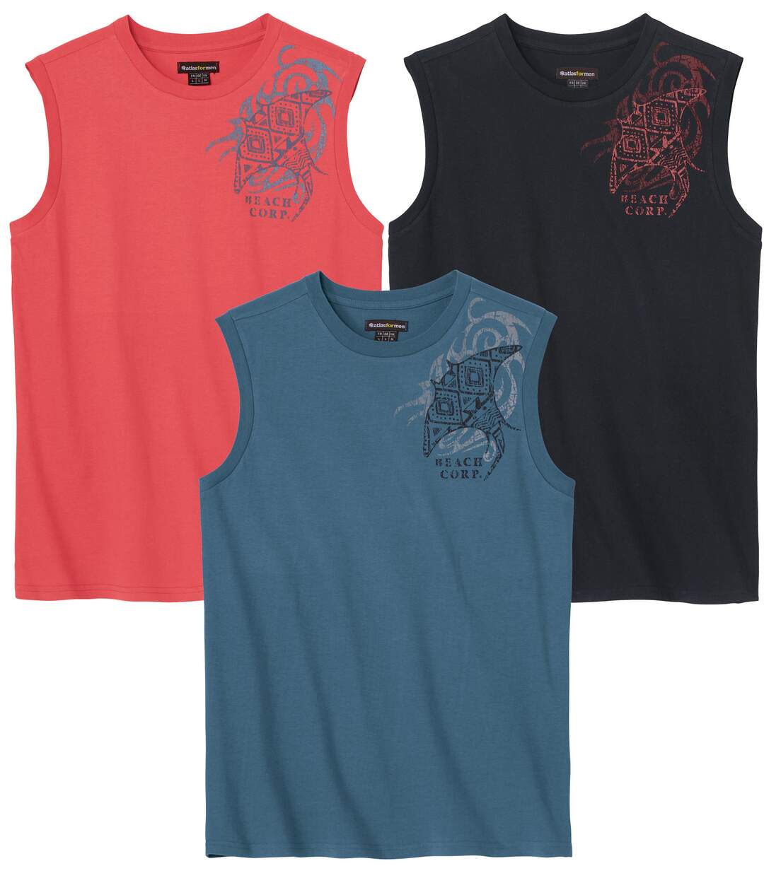 Pack of 3 Men's Beach Tank Tops - Blue Coral and Black