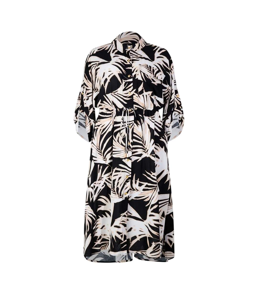 Womens/ladies Leaf Print Pocket Midi Shirt Dress Black White Biba-2