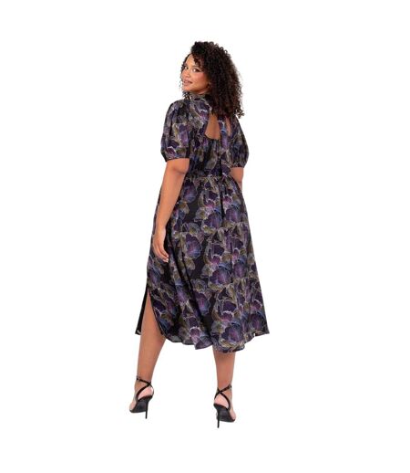 Womens/ladies Keyhole Regular Puff Sleeve Midi Dress Multicoloured Print Lovedrobe