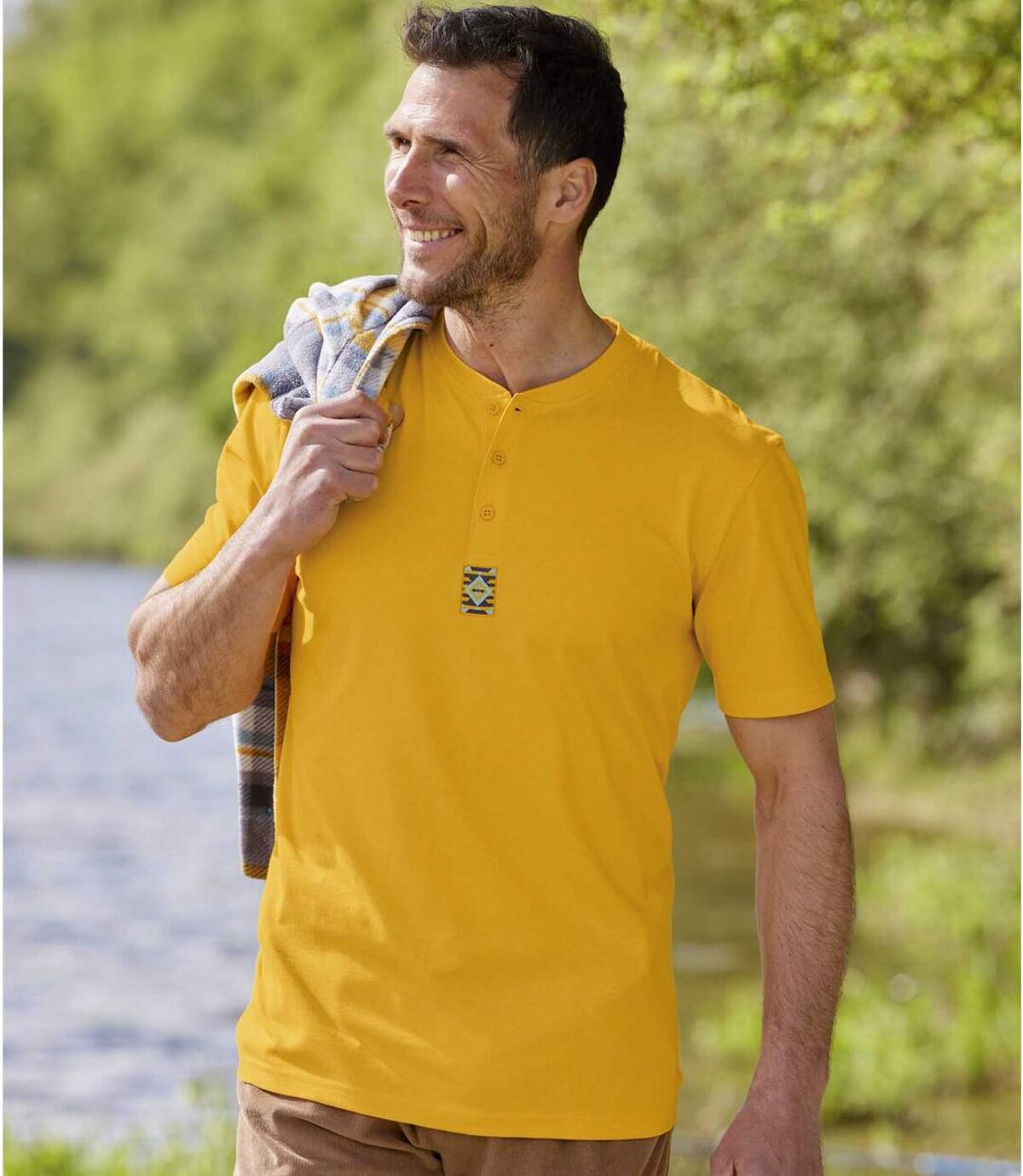 Pack of 3 Men's Button-Neck T-Shirts - Blue Anthracite Yellow  Atlas For Men