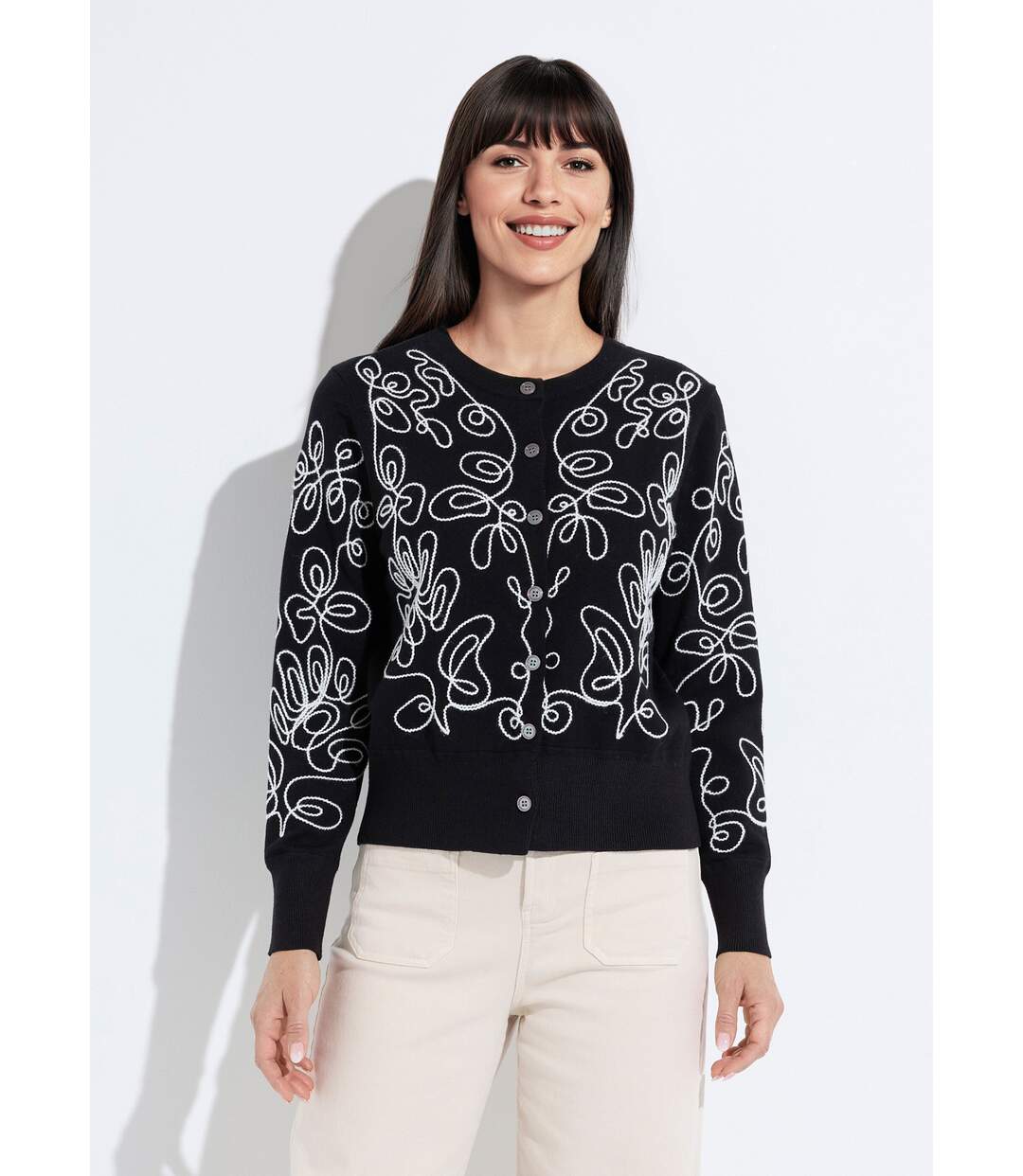 Gilet cardigan boutonné court brodé-1