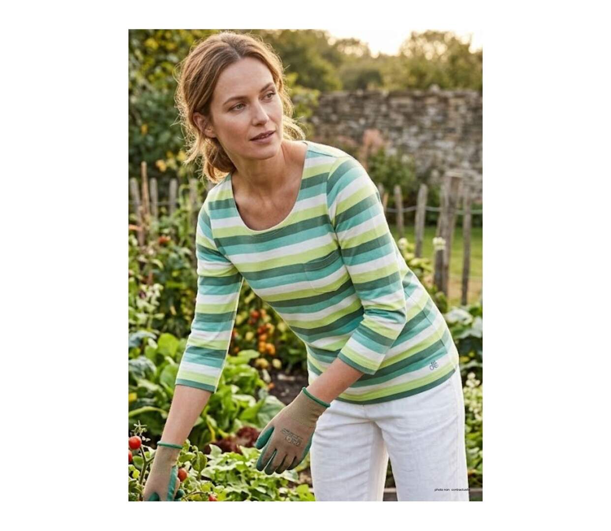 MAYFLOWER DIXIE2 - Tee-shirt manches 3/4 en coton rib : rayures blanc, aqua, kaki et vert-1