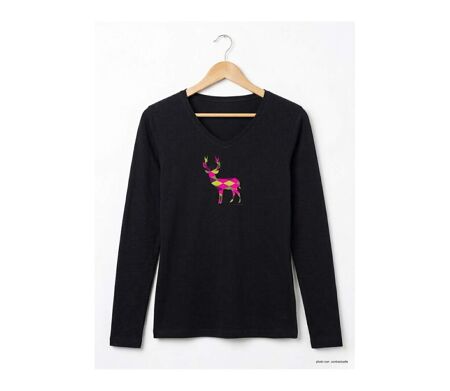 Mayflower NICO2 : Tee-shirt manches longues noir en coton avec sérigraphie motif cerf