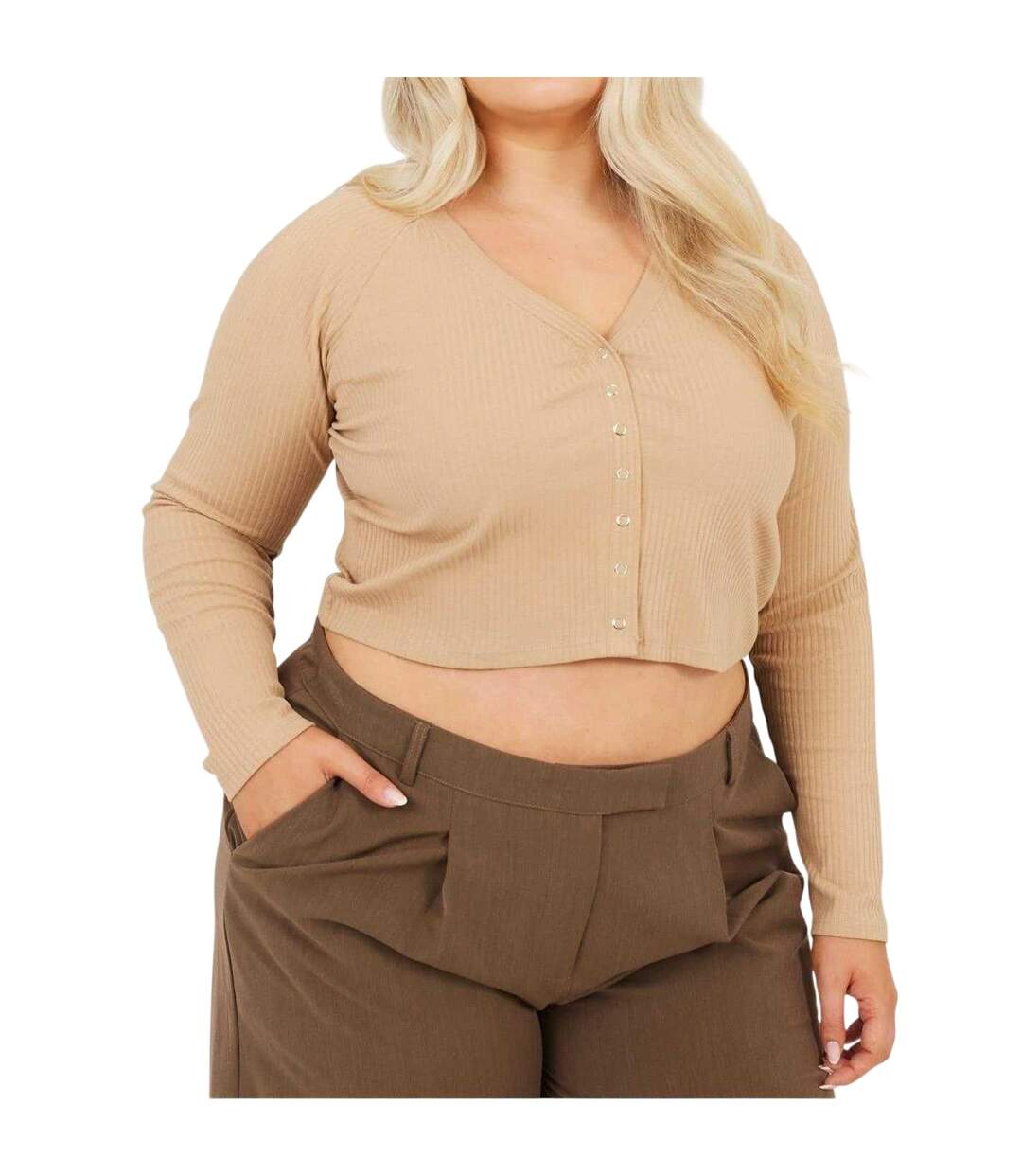 Womens/ladies Ribbed V Neck Plus Long-sleeved Crop Top Taupe Brave Soul-2