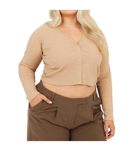 Womens/ladies Ribbed V Neck Plus Long-sleeved Crop Top Taupe Brave Soul