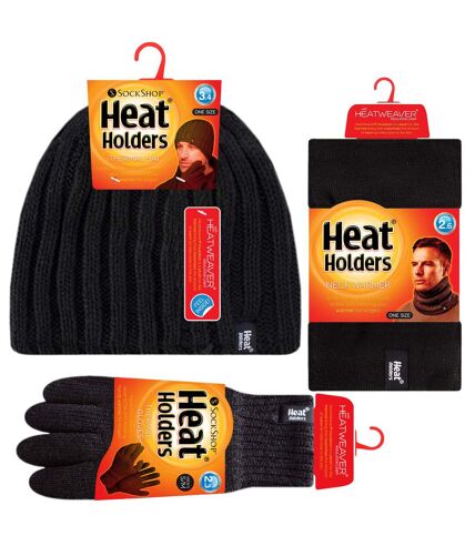 Heat Holders - Thermal Winter Fleece Cable Knit Hat, Neck Warmer and Gloves set for Men - M/L