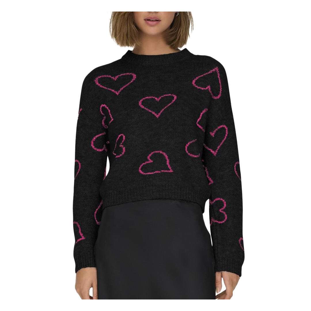 Pull Noir/Rose Coeur Femme Only Happie - L-1