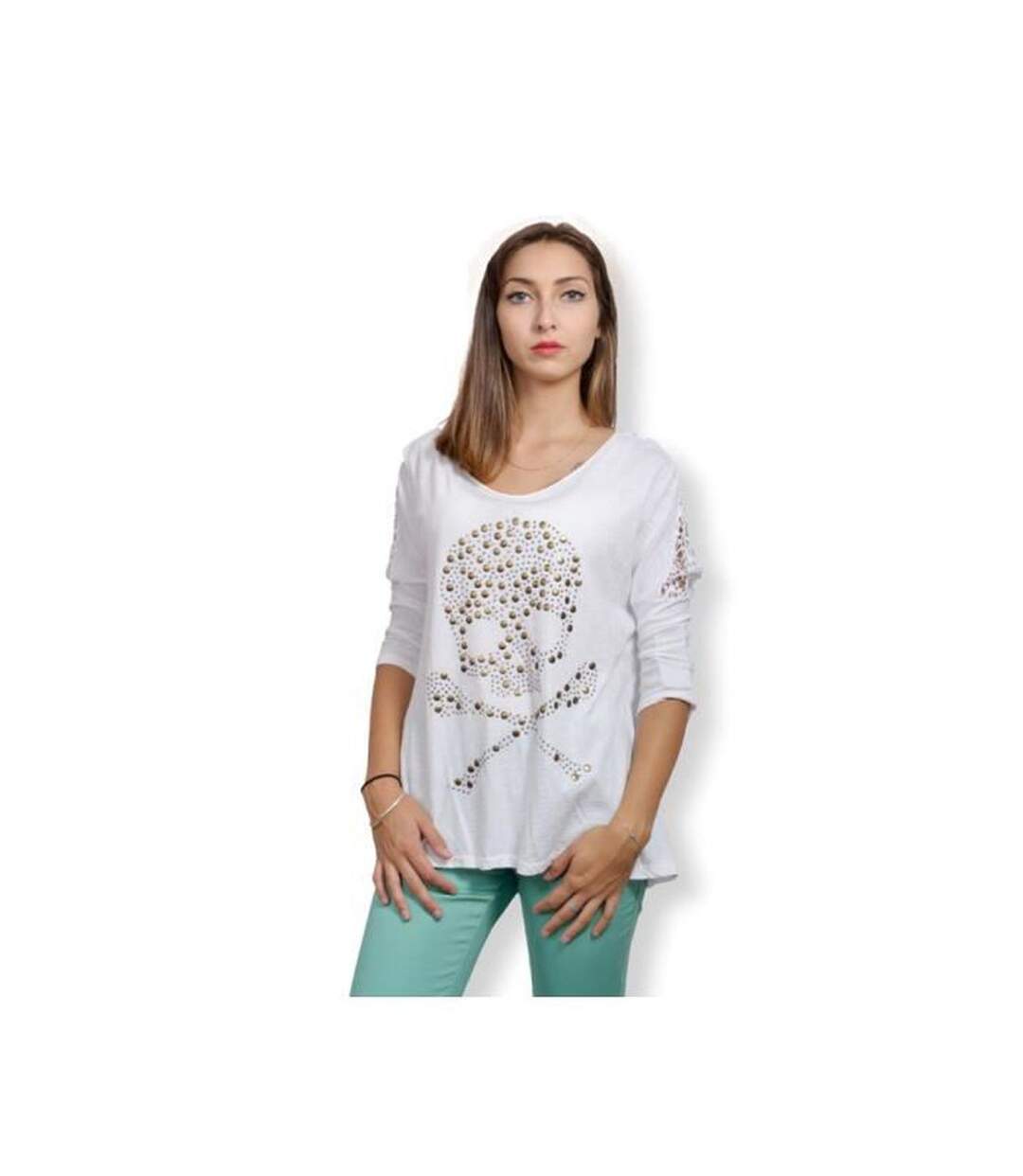 Tee shirt femme manche 3/4  couleur blanc casual-1