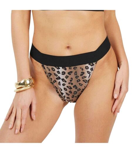 Womens/ladies Leopard Print High Leg Bikini Bottoms Black Brown Brave Soul