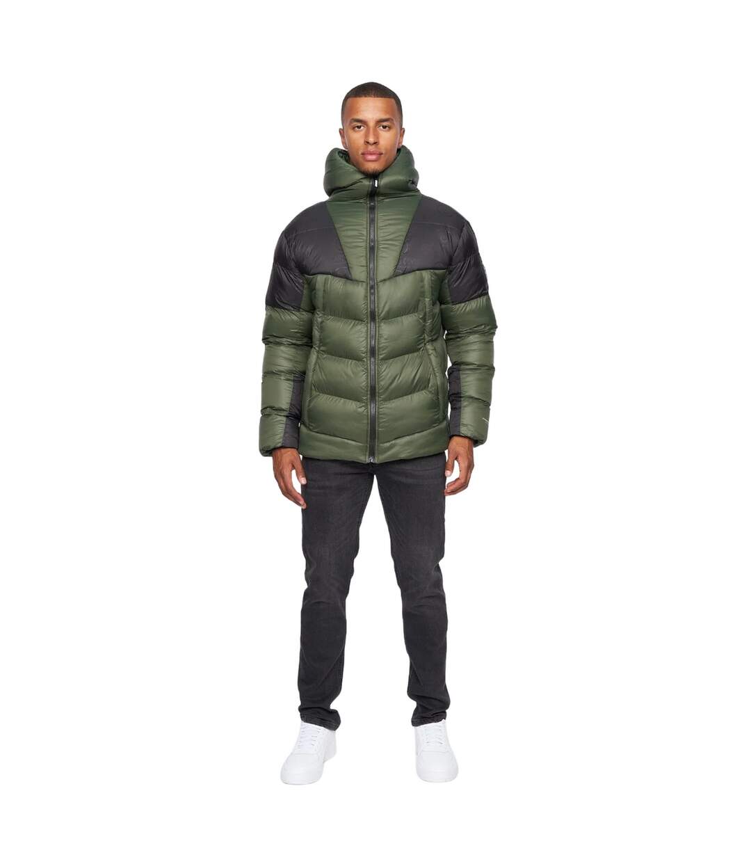 Mens raymax contrast panel padded jacket dark olive/black Duck and Cover