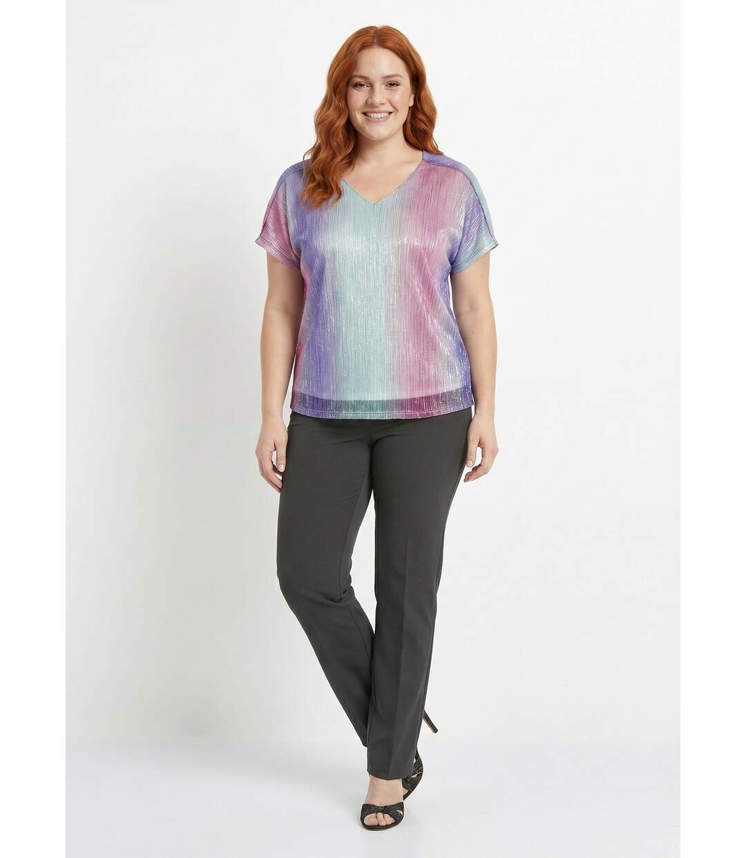 T-shirt court brillant col V effet plissé-3