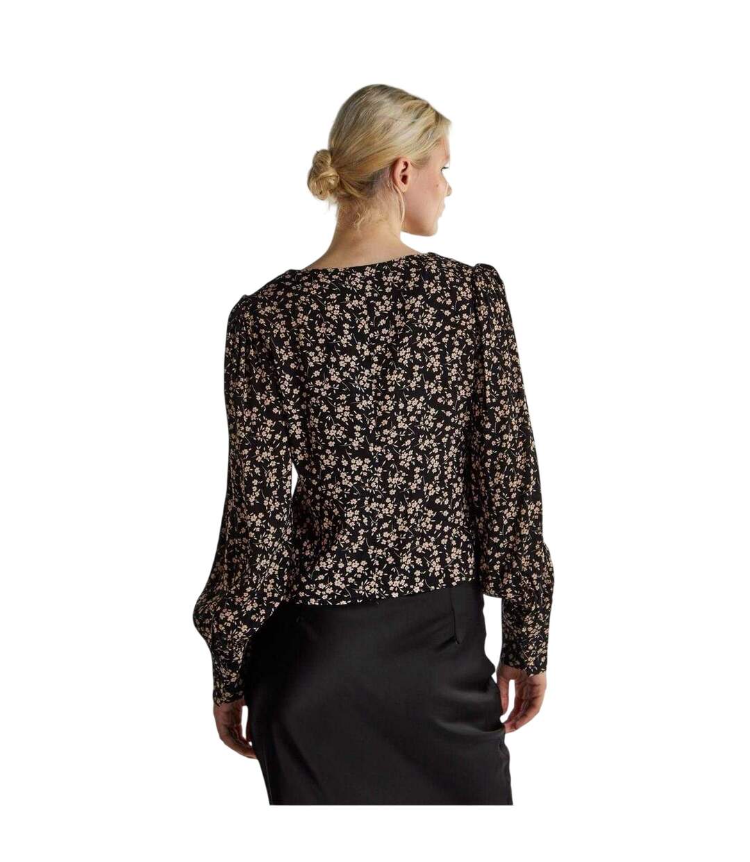 Womens/ladies Ditsy Print Button Front Puff Sleeve Top Black Glamorous-3