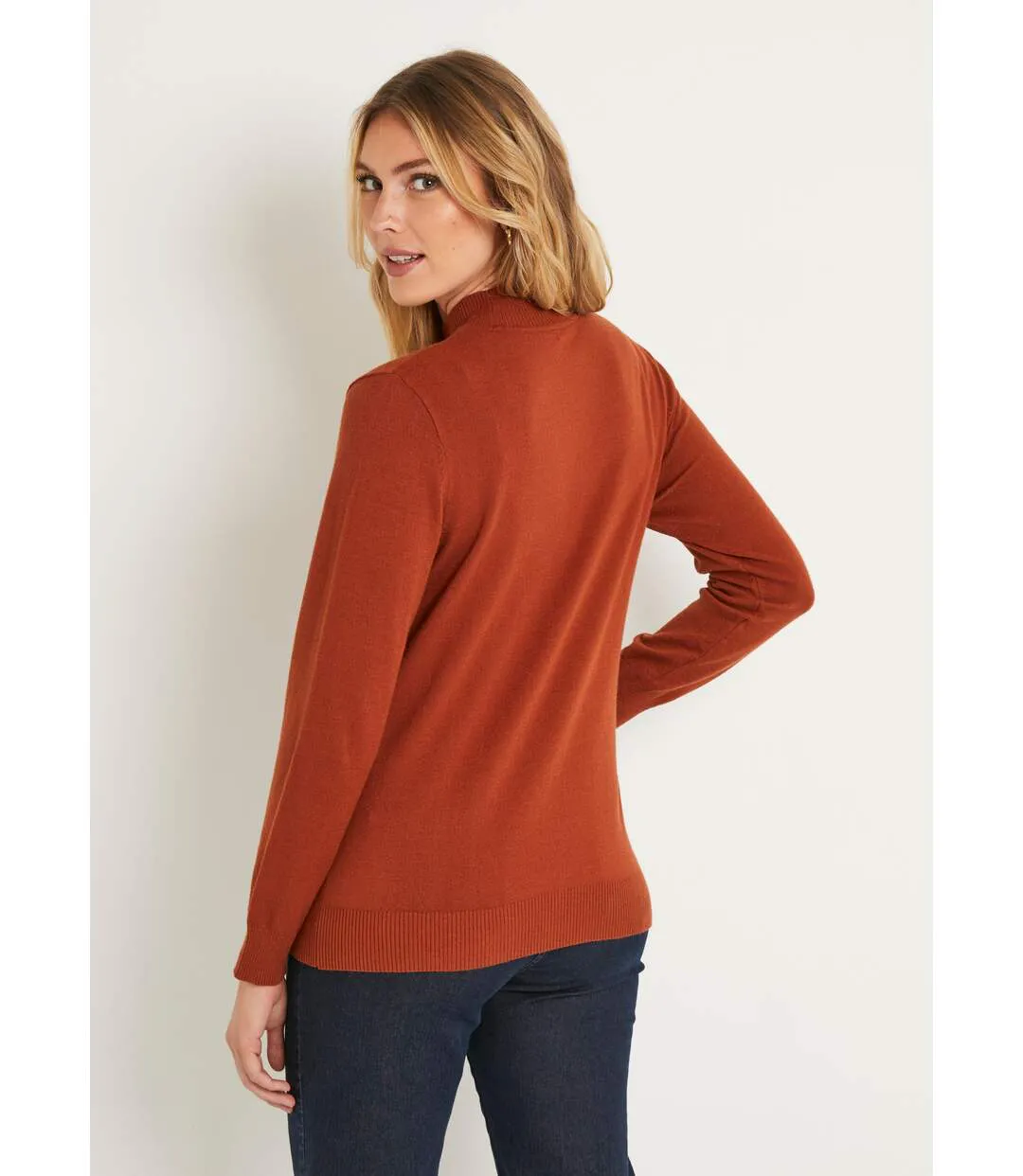 Pull doux uni col montant modal mélangé-2