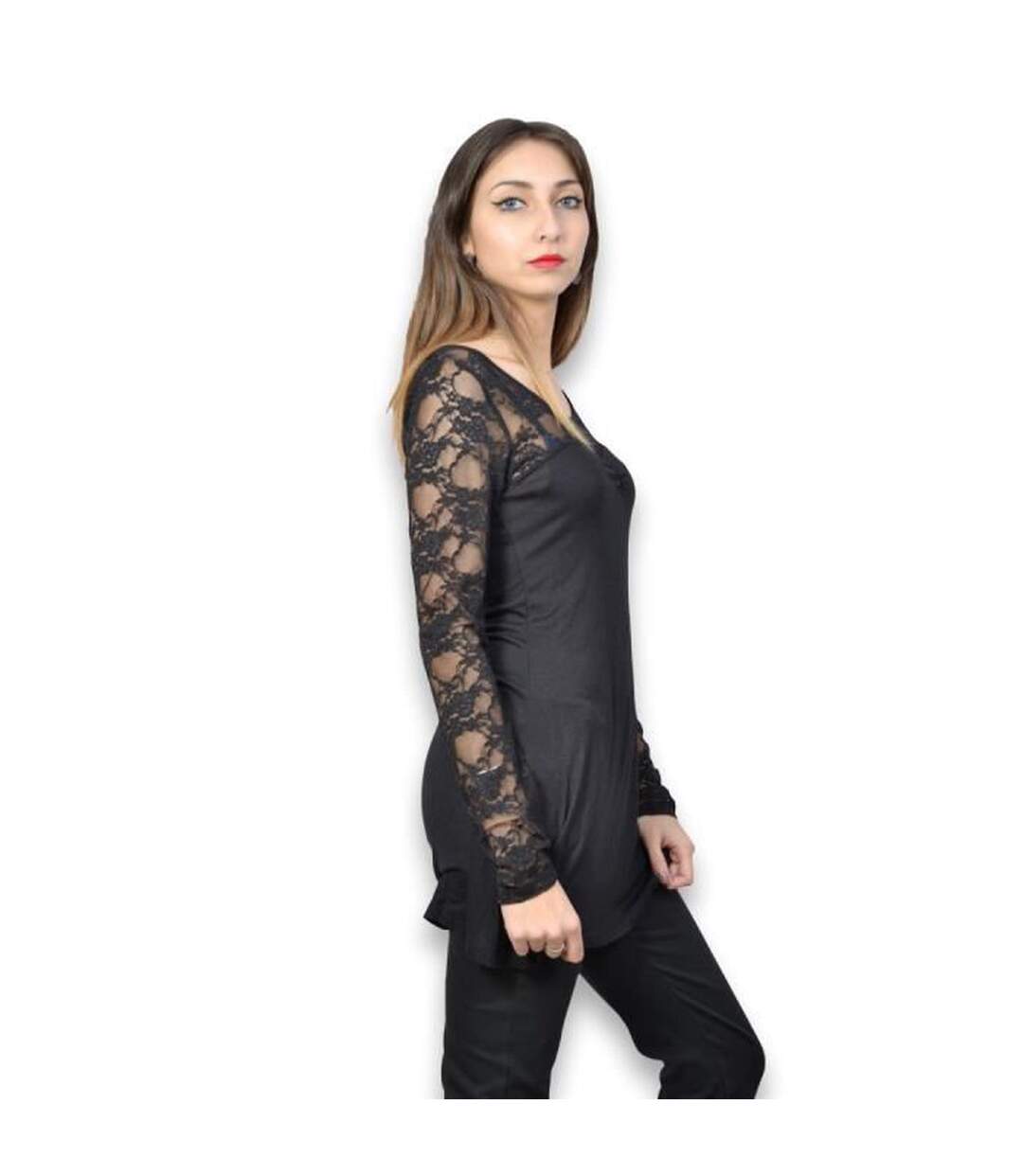 Robe femme habillée de couleur noir dentelle aux manches-3