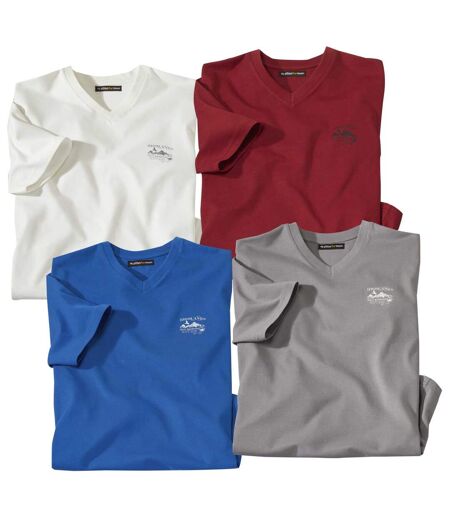 Pack of 4 Men's V-Neck T-Shirts - White Blue Gray Burgundy