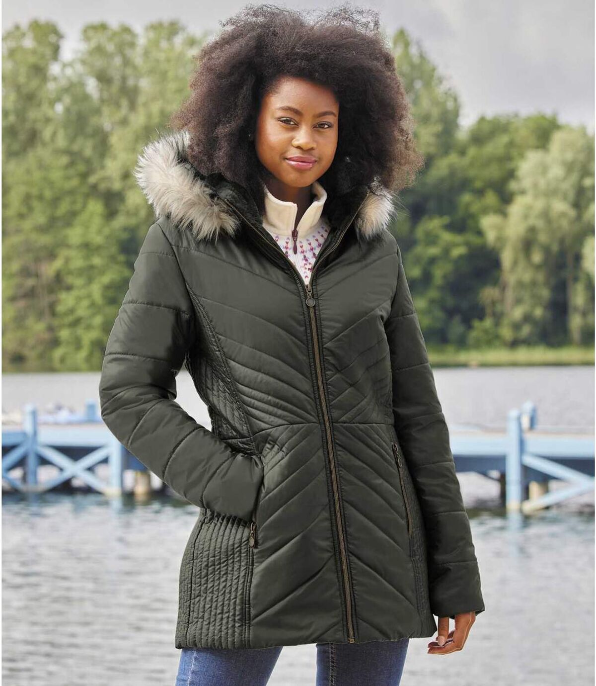 Women's Khaki Longline Padded Jacket - Water-Repellent - Faux-Fur Hood  Atlas For Men