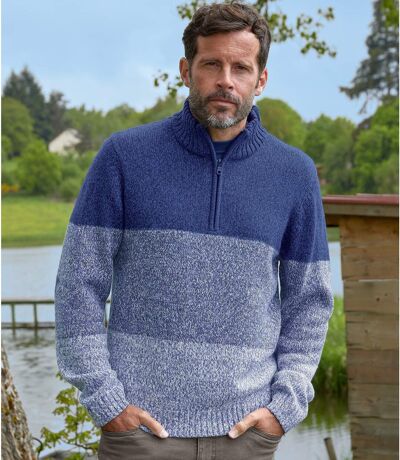 Blau melierter Strickpullover im Troyer-Stil