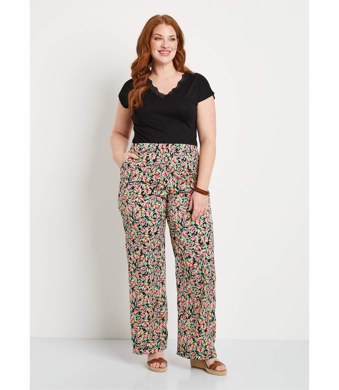 Pantalon taille semi-élastiquée satin fleuri-4