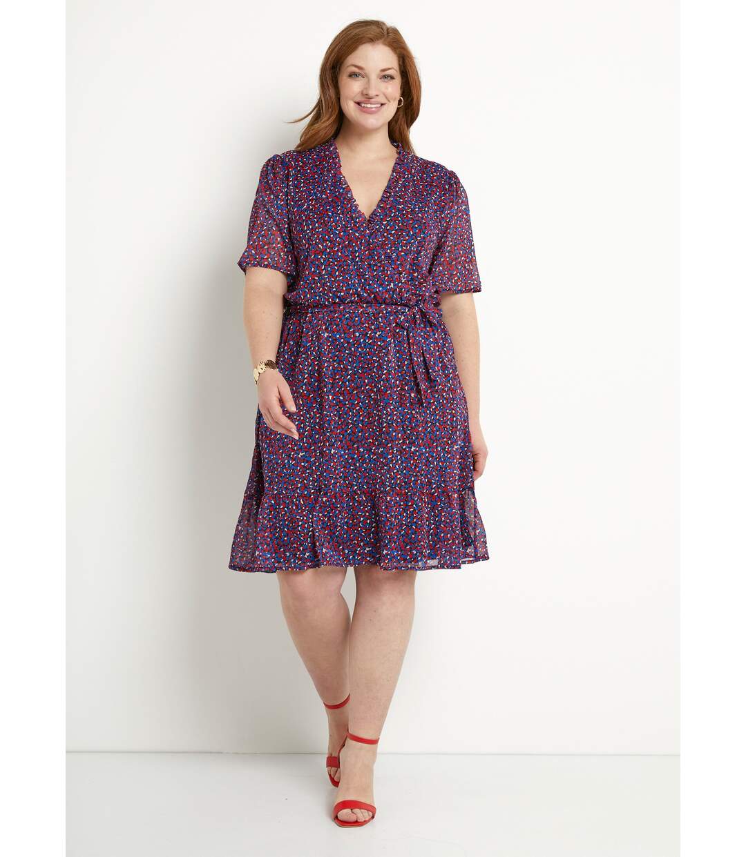 Robe cache-coeur volanté voile imprimé graphique-1