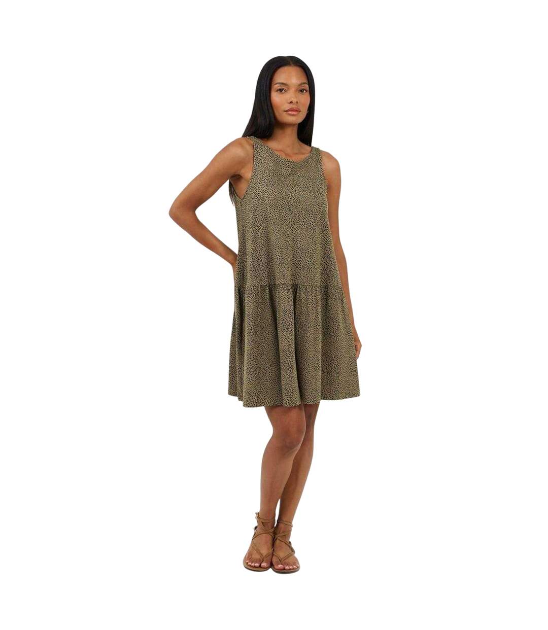 Womens/ladies Tiered V Neck Sleeveless Mini Dress Khaki Black Brave Soul-4
