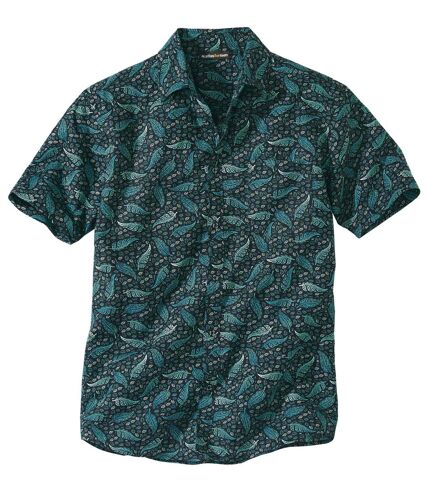 Men's Leaf Print Short-Sleeved Shirt - Navy Green