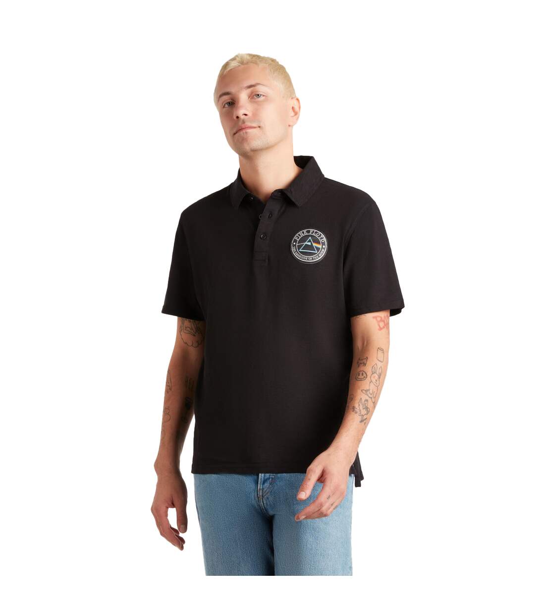 Mens Washed Slub Pink Floyd Polo Shirt Black Amplified-3