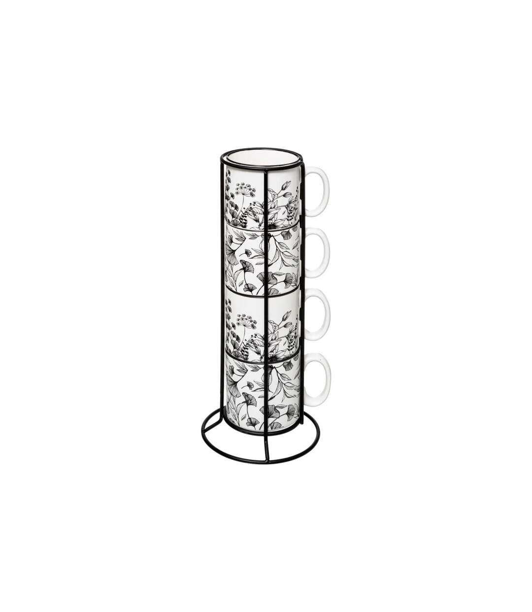 Lot de 4 Mugs sur Rack White Floral 24cl Blanc-1