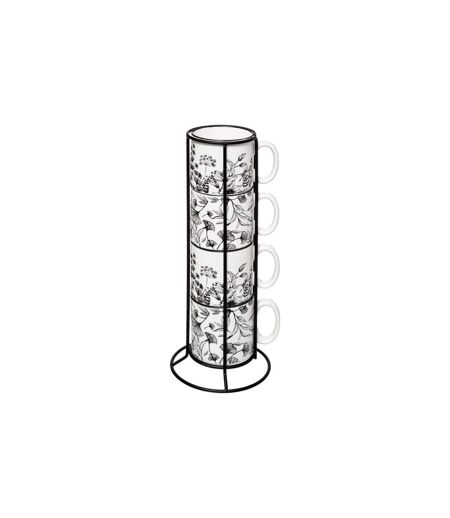 Lot de 4 Mugs sur Rack White Floral 24cl Blanc