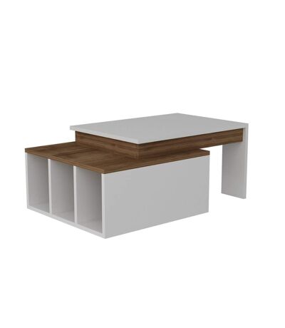 Table basse sur 2 niveaux avec 3 niches de rangement - Blanc et Marron