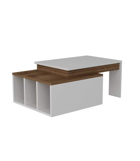 Table basse sur 2 niveaux avec 3 niches de rangement - Blanc et Marron