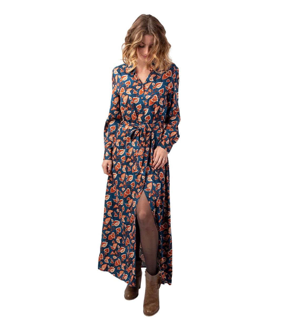 Robe longue en viscose épais bleu VAIANA motif feuillage automnal Coton Du Monde