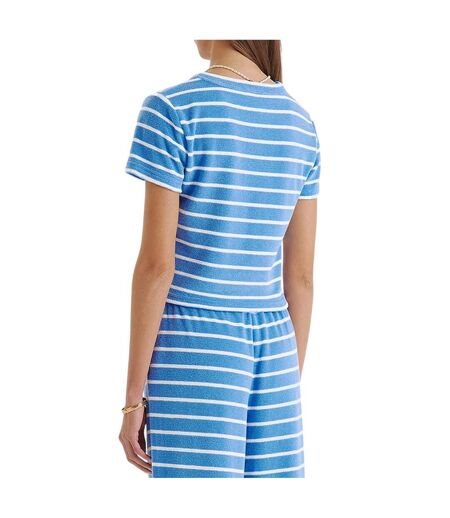 Womens/ladies Livia Striped Terrycloth Crew Neck Crop T-shirt Blue White 4th & Reckless