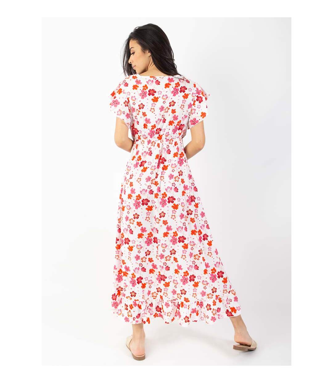 Robe longue à volants KENDRA imprimé fleurs de cerisier blanc Coton Du Monde