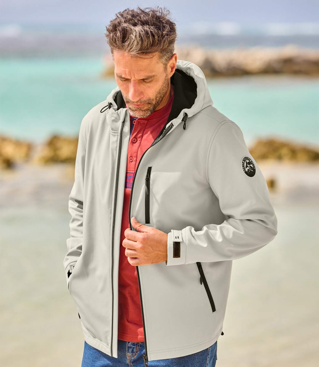 Men's Beige Hooded Softshell Jacket - Water-Repellent-5