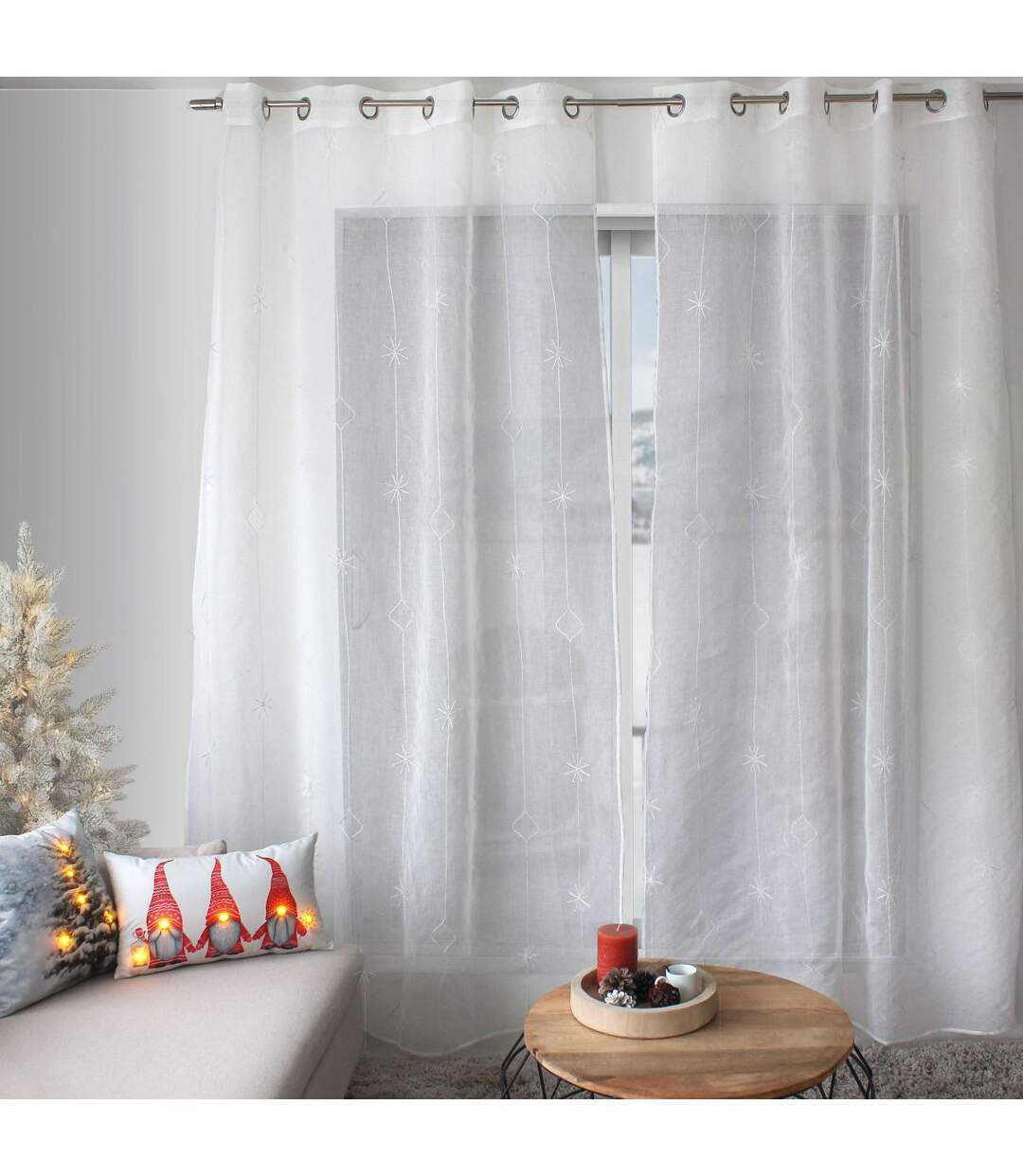 Rideau Voilage Brodé Noël 140x240cm Blanc & Argent-1