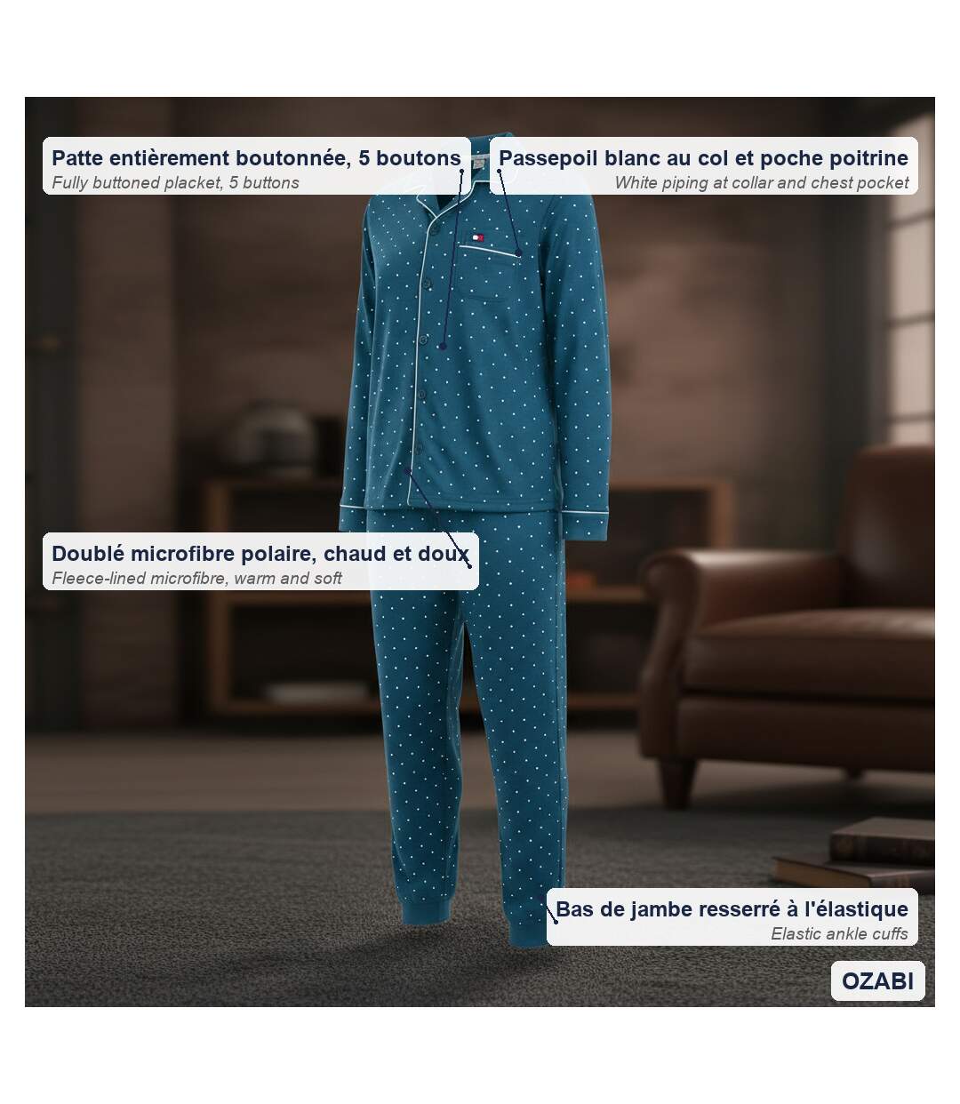 OZABI Ensemble Pyjama Homme Doublé Polaire Boutonné Petits Pois-5