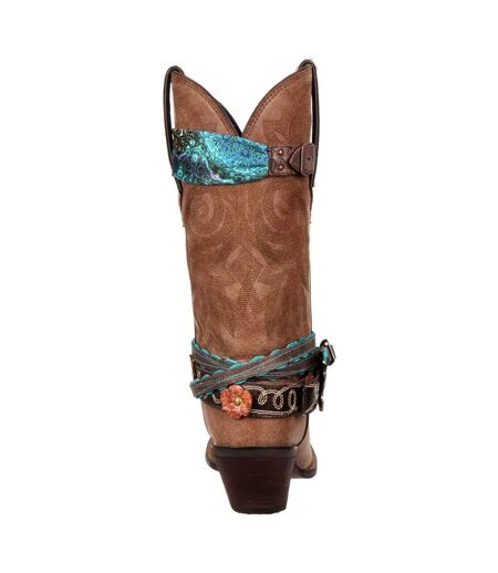 Womens/ladies Crush Leather Strap Mid Calf Cowboy Boots Brown Durango