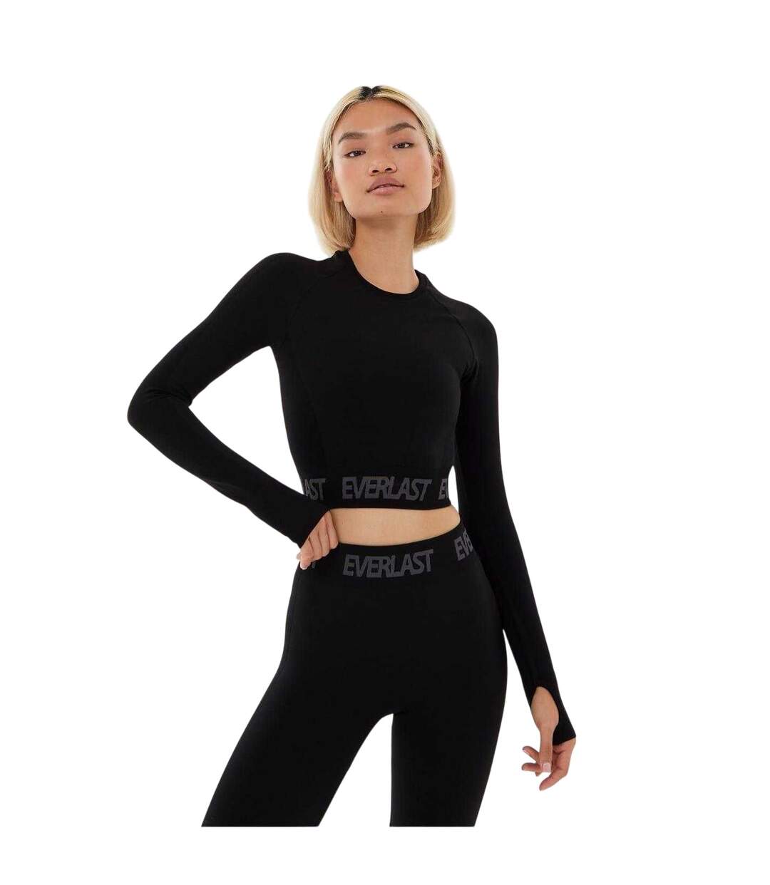 Womens/ladies Seamless Long-sleeved Crop Top Jet Black Everlast-2